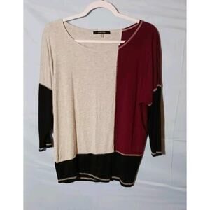 August Silk Blouse Womens Medium Gray/Black/Maroon Color Block 3/4 Sleeve Top